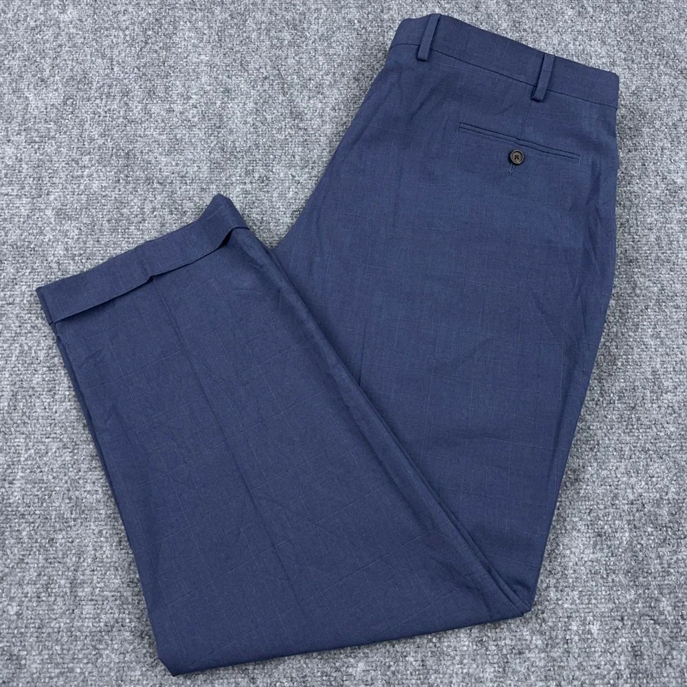 Ralph Lauren Dress Pants Mens 40x30 Blue Windowpane Plaid Pleated Cuffed Stretch